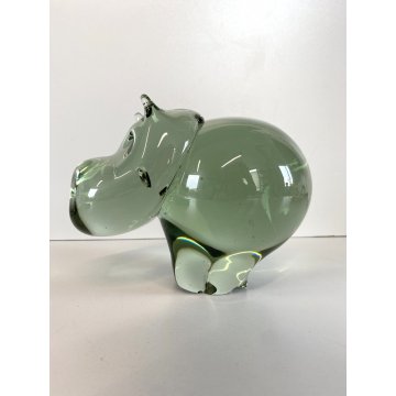 SCULTURA FIGURA ANIMALE IPPOPOTAMO VETRO Murano VERDE CRYSTAL HIPPOPOTAMUS 13 cm
