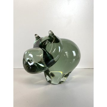 SCULTURA FIGURA ANIMALE IPPOPOTAMO VETRO Murano VERDE CRYSTAL HIPPOPOTAMUS 13 cm