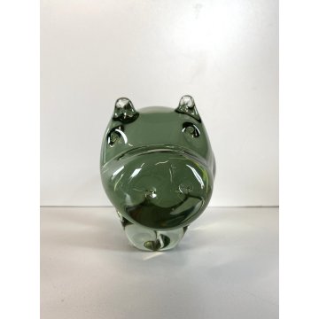SCULTURA FIGURA ANIMALE IPPOPOTAMO VETRO Murano VERDE CRYSTAL HIPPOPOTAMUS 13 cm
