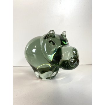 SCULTURA FIGURA ANIMALE IPPOPOTAMO VETRO Murano VERDE CRYSTAL HIPPOPOTAMUS 13 cm