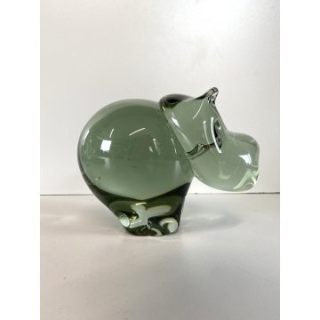 SCULTURA FIGURA ANIMALE IPPOPOTAMO VETRO Murano VERDE CRYSTAL HIPPOPOTAMUS 13 cm