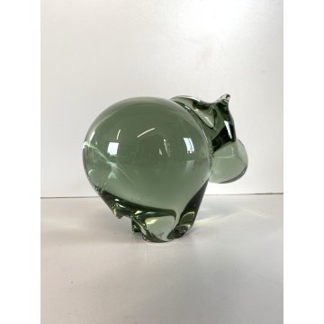 SCULTURA FIGURA ANIMALE IPPOPOTAMO VETRO Murano VERDE CRYSTAL HIPPOPOTAMUS 13 cm