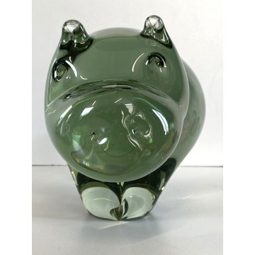 SCULTURA FIGURA ANIMALE IPPOPOTAMO VETRO Murano VERDE CRYSTAL HIPPOPOTAMUS 13 cm
