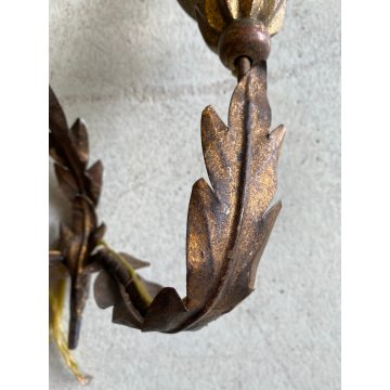 ANTICA APPLIQUE LAMPADA PARETE 3 LUCI FERRO BATTUTO DORATO DECORO FOGLIATO '900