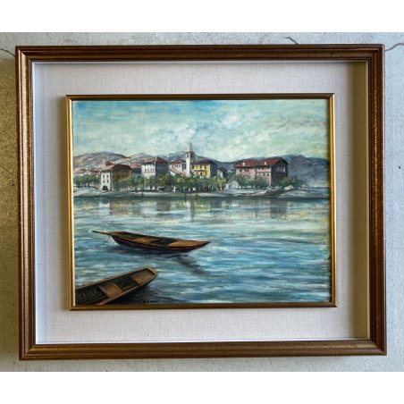 QUADRO DIPINTO OLIO C. Borrè Isola Pescatori PAESAGGIO LACUSTRE LAGO MAGGIORE 79