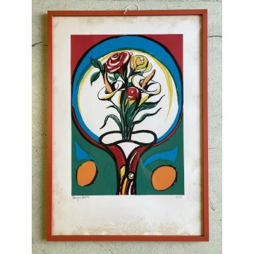 STAMPA MULTIPLO LITOGRAFIA Pompeo Borra 66/90 DISEGNO ASTRATTO VASO FIORI '50/60