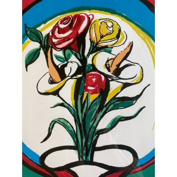 STAMPA MULTIPLO LITOGRAFIA Pompeo Borra 66/90 DISEGNO ASTRATTO VASO FIORI '50/60