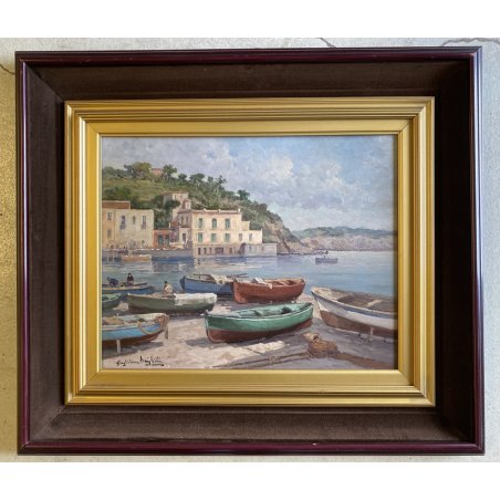 DIPINTO OLIO TAVOLA Guglielmo Migliore MARINA Bacoli PAESAGGIO Golfo di NAPOLI