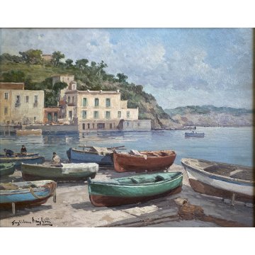 DIPINTO OLIO TAVOLA Guglielmo Migliore MARINA Bacoli PAESAGGIO Golfo di NAPOLI