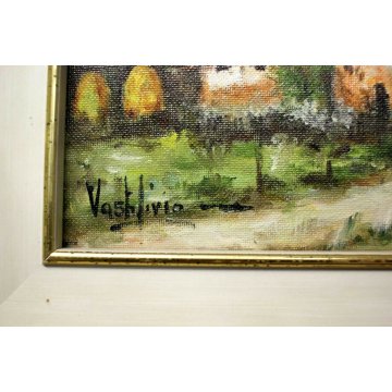 LOTTO 3 QUADRO DIPINTO OLIO Livio Vasti PAESAGGIO CAMPAGNA LAGO BORGO ANTICO 900