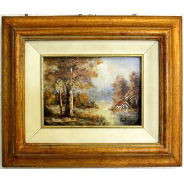 LOTTO 3 QUADRO DIPINTO OLIO Livio Vasti PAESAGGIO CAMPAGNA LAGO BORGO ANTICO 900