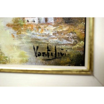 LOTTO 3 QUADRO DIPINTO OLIO Livio Vasti PAESAGGIO CAMPAGNA LAGO BORGO ANTICO 900