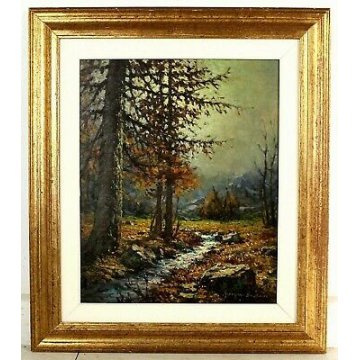 ANTICO QUADRO Giovanni Bossone PAESAGGIO MONTANO LARICI CONTROLUCE RUSCELLO '900