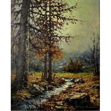 ANTICO QUADRO Giovanni Bossone PAESAGGIO MONTANO LARICI CONTROLUCE RUSCELLO '900