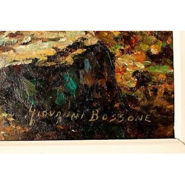 ANTICO QUADRO Giovanni Bossone PAESAGGIO MONTANO LARICI CONTROLUCE RUSCELLO '900