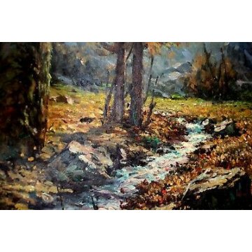 ANTICO QUADRO Giovanni Bossone PAESAGGIO MONTANO LARICI CONTROLUCE RUSCELLO '900