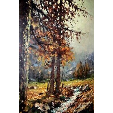 ANTICO QUADRO Giovanni Bossone PAESAGGIO MONTANO LARICI CONTROLUCE RUSCELLO '900