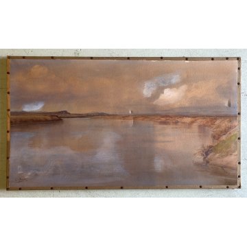 ANTICO GRANDE ACQUERELLO CARTONCINO FIRMATO A. di Brazzà PAESAGGIO LACUSTRE 1905