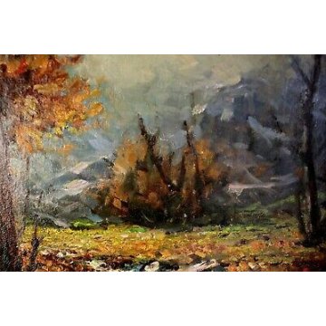 ANTICO QUADRO Giovanni Bossone PAESAGGIO MONTANO LARICI CONTROLUCE RUSCELLO '900