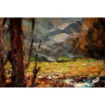 ANTICO QUADRO Giovanni Bossone PAESAGGIO MONTANO LARICI CONTROLUCE RUSCELLO '900