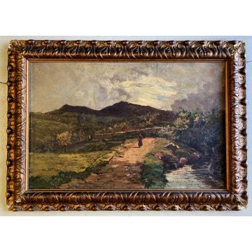 QUADRO DIPINTO OLIO TELA PAESAGGIO RURALE COLLINARE FIGURA STRADA RUSCELLO '800