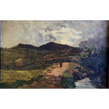 QUADRO DIPINTO OLIO TELA PAESAGGIO RURALE COLLINARE FIGURA STRADA RUSCELLO '800