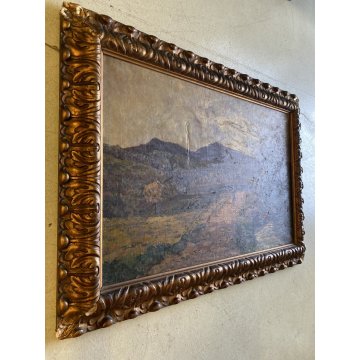 QUADRO DIPINTO OLIO TELA PAESAGGIO RURALE COLLINARE FIGURA STRADA RUSCELLO '800