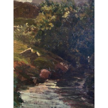 QUADRO DIPINTO OLIO TELA PAESAGGIO RURALE COLLINARE FIGURA STRADA RUSCELLO '800
