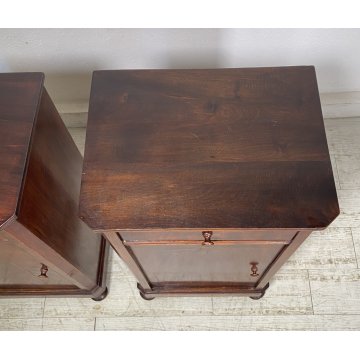 ANTICA COPPIA COMODINO STILE CARLO X LEGNO NOCE FINE 1800 CASSETTO ANTA