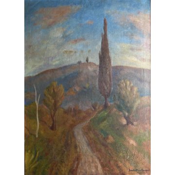 GRANDE QUADRO DIPINTO OLIO TELA Dante Montanari PAESAGGIO COLLINARE 91 x 118 cm