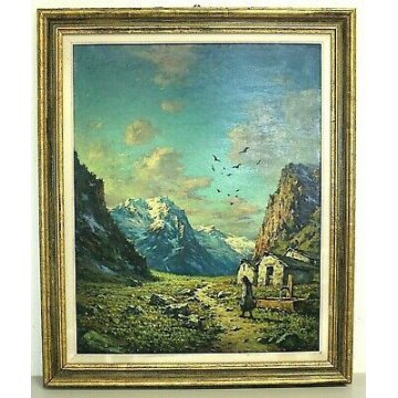 ANTICO QUADRO Giovanni Bossone PAESAGGIO MONTANO VEDUTA ALTA VALLE ANZASCA  '900
