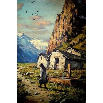 ANTICO QUADRO Giovanni Bossone PAESAGGIO MONTANO VEDUTA ALTA VALLE ANZASCA  '900