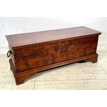 ANTICA CASSAPANCA INTARSIATA LEGNO ABETE EPOCA 1800 PIEMONTESE BAULE MANIGLIE