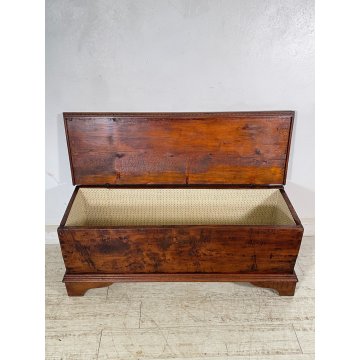 ANTICA CASSAPANCA INTARSIATA LEGNO ABETE EPOCA 1800 PIEMONTESE BAULE MANIGLIE