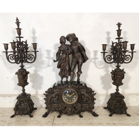 ANTICO TRITTICO ANTIMONIO BRONZATO MARMO Orologio Parigina 2 CANDELABRO 1800