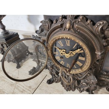 ANTICO TRITTICO ANTIMONIO BRONZATO MARMO Orologio Parigina 2 CANDELABRO 1800