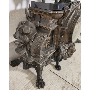 ANTICO TRITTICO ANTIMONIO BRONZATO MARMO Orologio Parigina 2 CANDELABRO 1800