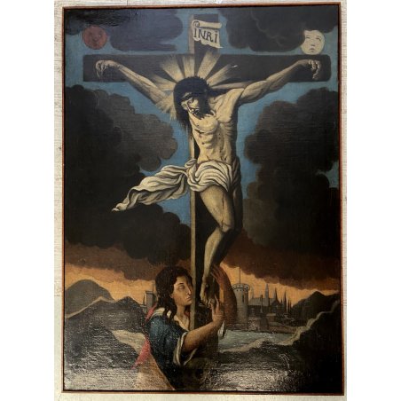 GRANDE DIPINTO OLIO GESU' CROCIFISSO MARIA MADDALENA SOLE LUNA RELIGIOSO '600