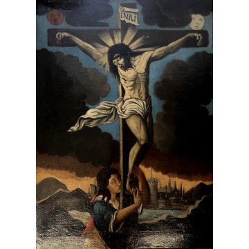 GRANDE DIPINTO OLIO GESU' CROCIFISSO MARIA MADDALENA SOLE LUNA RELIGIOSO '600