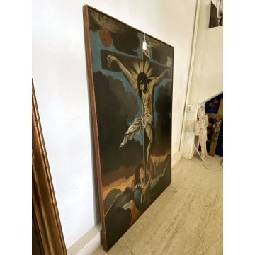 GRANDE DIPINTO OLIO GESU' CROCIFISSO MARIA MADDALENA SOLE LUNA RELIGIOSO '600