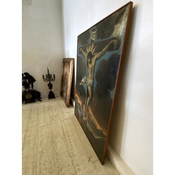 GRANDE DIPINTO OLIO GESU' CROCIFISSO MARIA MADDALENA SOLE LUNA RELIGIOSO '600