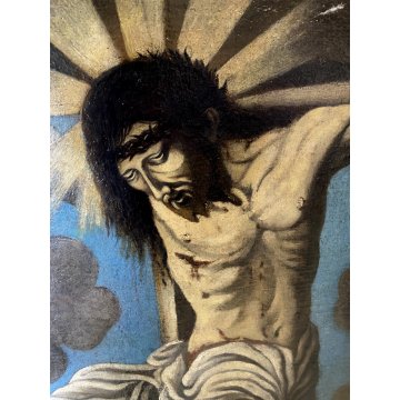 GRANDE DIPINTO OLIO GESU' CROCIFISSO MARIA MADDALENA SOLE LUNA RELIGIOSO '600