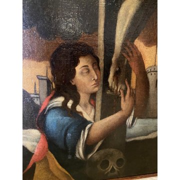 GRANDE DIPINTO OLIO GESU' CROCIFISSO MARIA MADDALENA SOLE LUNA RELIGIOSO '600
