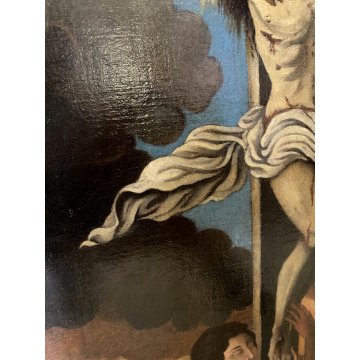 GRANDE DIPINTO OLIO GESU' CROCIFISSO MARIA MADDALENA SOLE LUNA RELIGIOSO '600
