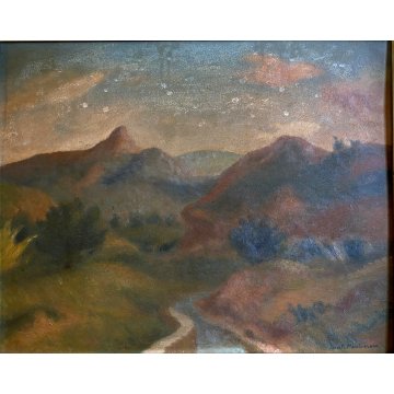 QUADRO DIPINTO OLIO TAVOLA Dante Montanari PAESAGGIO COLLINARE RUSCELLO '900