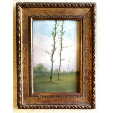 ANTICO DIPINTO OLIO CARTONE VEDUTA PAESAGGIO CAMPAGNA BRUGHIERA ALBERI VERDE 900