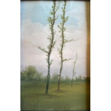 ANTICO DIPINTO OLIO CARTONE VEDUTA PAESAGGIO CAMPAGNA BRUGHIERA ALBERI VERDE 900