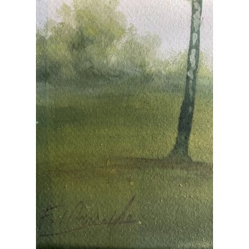 ANTICO DIPINTO OLIO CARTONE VEDUTA PAESAGGIO CAMPAGNA BRUGHIERA ALBERI VERDE 900