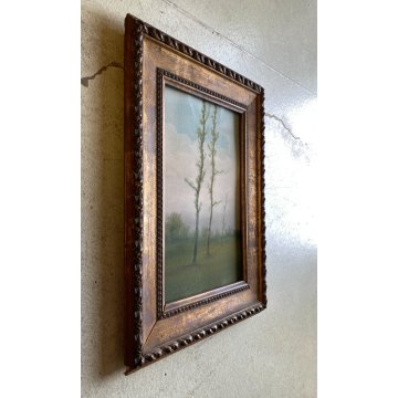 ANTICO DIPINTO OLIO CARTONE VEDUTA PAESAGGIO CAMPAGNA BRUGHIERA ALBERI VERDE 900