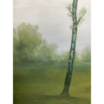 ANTICO DIPINTO OLIO CARTONE VEDUTA PAESAGGIO CAMPAGNA BRUGHIERA ALBERI VERDE 900
